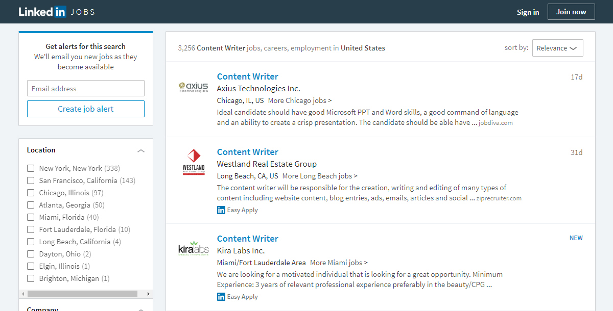 Writing Jobs on Linkedin