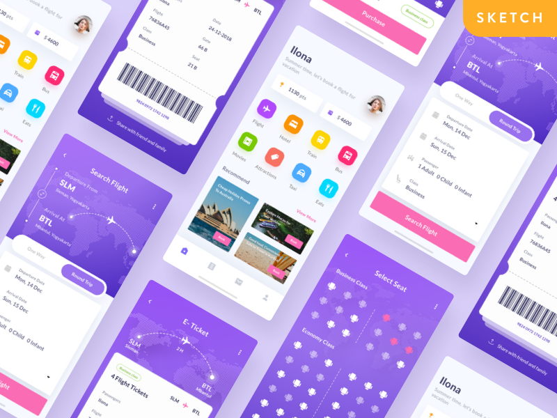 Flight App sketch Freebie UI kit